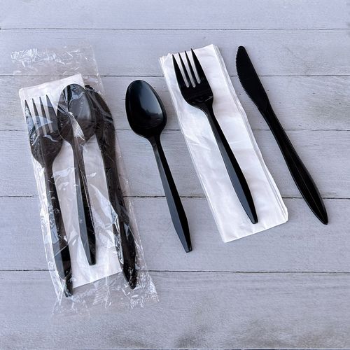 Image of Boardwalk® Four-Piece Cutlery Kit, Mediumweight, Fork/Knife/Napkin/Spoon, Plastic, 6.38", Black, 250/Carton