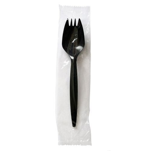 Image of Boardwalk® Mediumweight Wrapped Polypropylene Cutlery, Spork, Plastic, Black, 1,000/Carton
