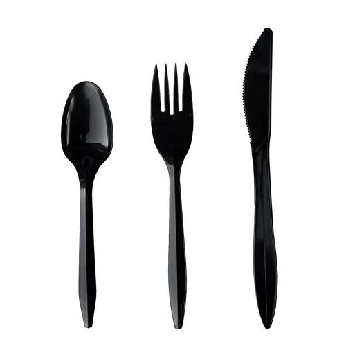 Image of Boardwalk® Four-Piece Cutlery Kit, Mediumweight, Fork/Knife/Napkin/Spoon, Plastic, 6.38", Black, 250/Carton