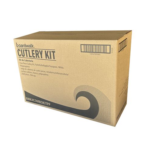 Image of Boardwalk® Four-Piece Polypropylene Cutlery Kit, Mediumweight, Fork/Knife/Napkin/Spoon, Plastic, White, 250/Carton