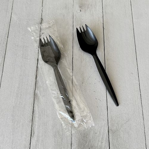 Image of Boardwalk® Mediumweight Wrapped Polypropylene Cutlery, Spork, Plastic, Black, 1,000/Carton