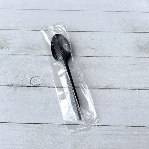 Image of Boardwalk® Mediumweight Polypropylene Cutlery, Individually Wrapped, Spoon, Plastic, Black, 1,000/Carton