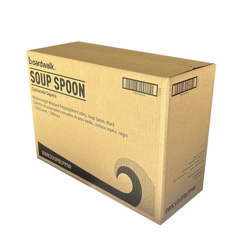 Image of Boardwalk® Mediumweight Wrapped Polypropylene Cutlery, Soup Spoon, Plastic, Black, 1,000/Carton