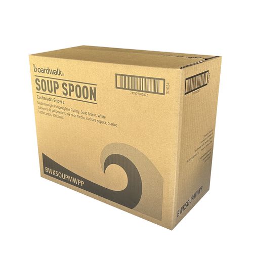 Image of Boardwalk® Mediumweight Polypropylene Cutlery, Soup Spoon, 4.86", Plastic, White, 1,000/Carton