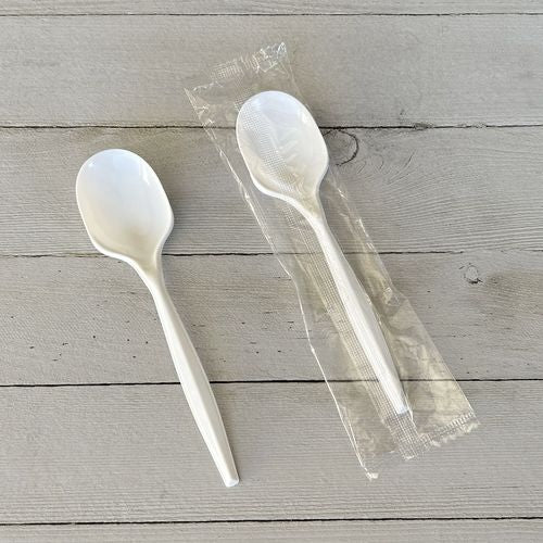 Image of Boardwalk® Mediumweight Wrapped Polypropylene Cutlery, Soup Spoon, 4.86", Plastic, White, 1,000/Carton