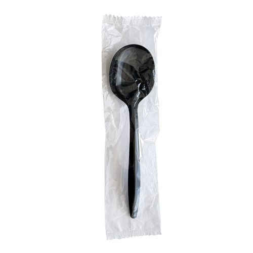Image of Boardwalk® Mediumweight Wrapped Polypropylene Cutlery, Soup Spoon, Plastic, Black, 1,000/Carton