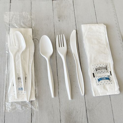 Image of Boardwalk® Six-Piece Cutlery Kit, Mediumweight, Fork/Knife/Napkin/Pepper/Salt/Spoon, 5.86", Plastic, White, 250/Carton
