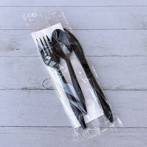 Image of Boardwalk® Four-Piece Cutlery Kit, Mediumweight, Fork/Knife/Napkin/Spoon, Plastic, 6.38", Black, 250/Carton