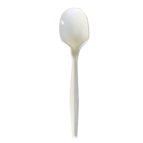 Image of Boardwalk® Mediumweight Polypropylene Cutlery, Soup Spoon, 4.86", Plastic, White, 1,000/Carton
