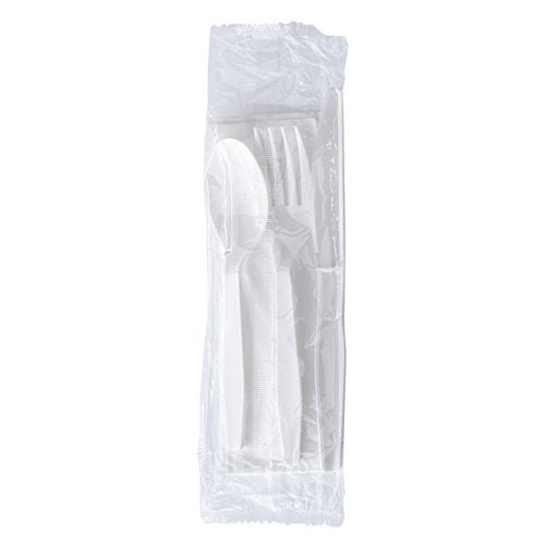Image of Boardwalk® Four-Piece Polystyrene Cutlery Kit, Mediumweight, Fork/Knife/Napkin/Spoon, Plastic, White, 250/Carton