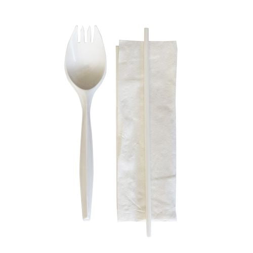 Image of Boardwalk® School Cutlery Kit, Mediumweight, Napkin/Spork/Straw, 5.31", Plastic, White, 1,000/Carton