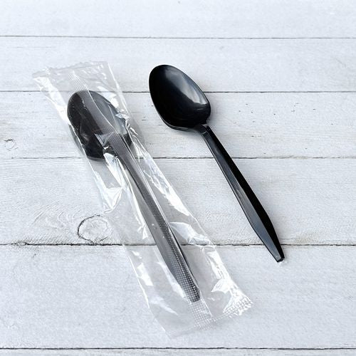 Image of Boardwalk® Mediumweight Polypropylene Cutlery, Individually Wrapped, Spoon, Plastic, Black, 1,000/Carton