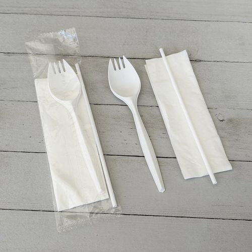 Image of Boardwalk® School Cutlery Kit, Mediumweight, Napkin/Spork/Straw, 5.31", Plastic, White, 1,000/Carton
