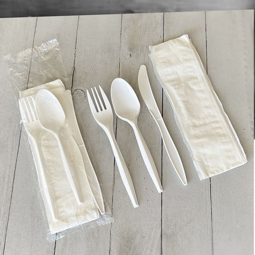 Image of Boardwalk® Four-Piece Polypropylene Cutlery Kit, Mediumweight, Fork/Knife/Napkin/Spoon, Plastic, White, 250/Carton