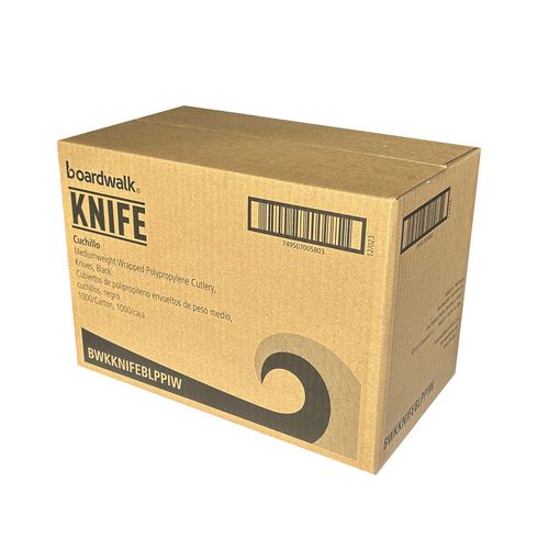 Image of Boardwalk® Mediumweight Wrapped Polypropylene Cutlery, Knife, Plastic, Black, 1,000/Carton