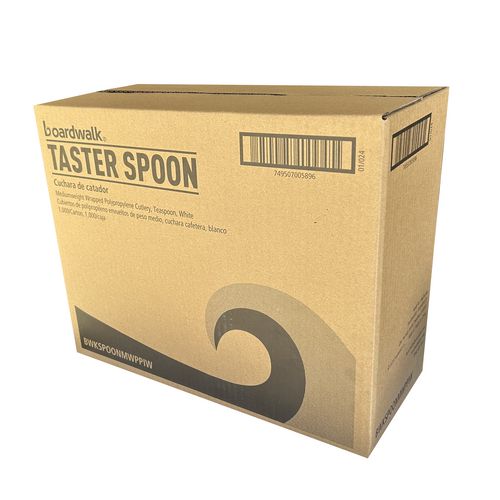 Image of Boardwalk® Mediumweight Wrapped Polypropylene Cutlery, Soup Spoon, 4.86", Plastic, White, 1,000/Carton