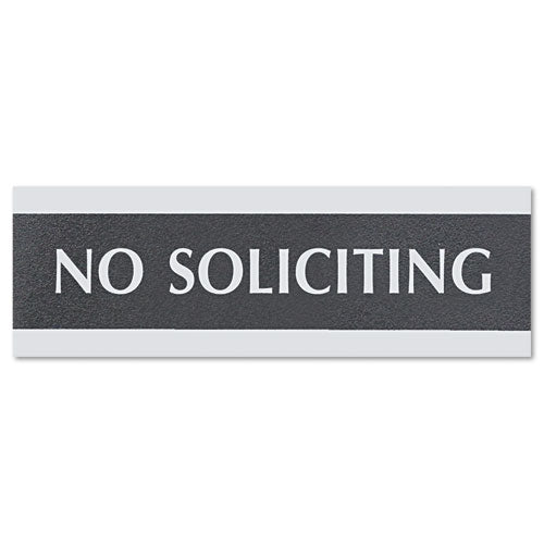 Image of Headline® Sign Century Series Office Sign, No Soliciting, 9 X 3, Black/silver