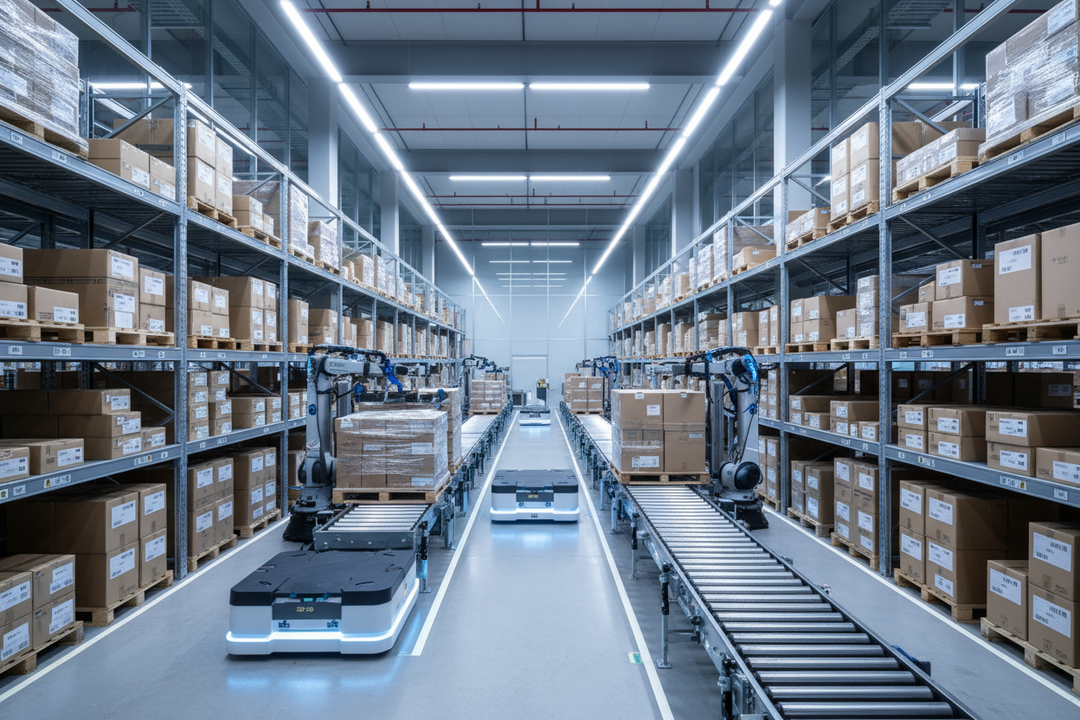 A modern streamlined distribution warehouse with clean pallet racking  and automated conveyer systems.