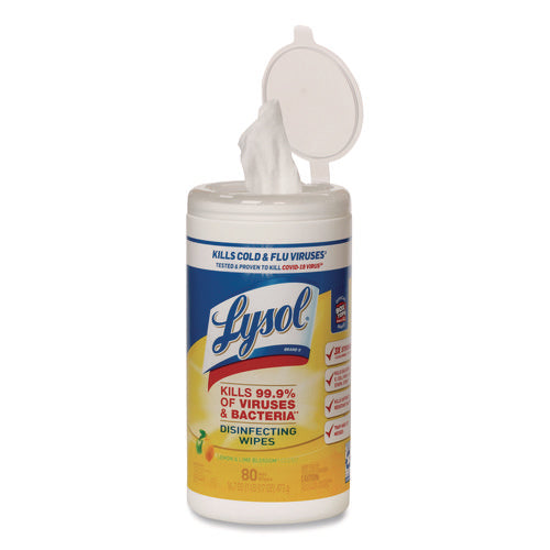 Image of 6840017010407, SKILCRAFT Lysol Disinfecting Wipes, 1-Ply, 7 x 7.25, Lemon-Lime, White, 80/Canister, 6 Canisters/Carton