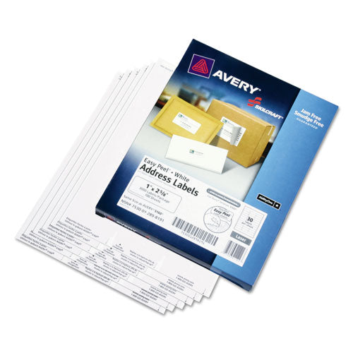 Image of 7530012898191, SKILCRAFT Laser Labels, Laser Printers, 1 x 2.63, White, 30/Sheet, 100 Sheets/Box