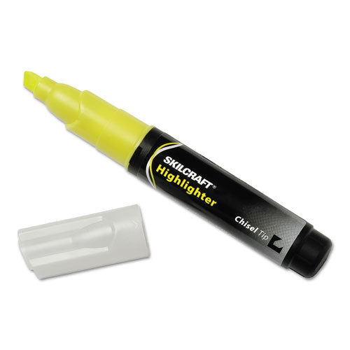 Image of 7520009044476, SKILCRAFT Large Fluorescent Highlighter, Fluorescent Yellow Ink, Chisel Tip, Black/Yellow Barrel, Dozen