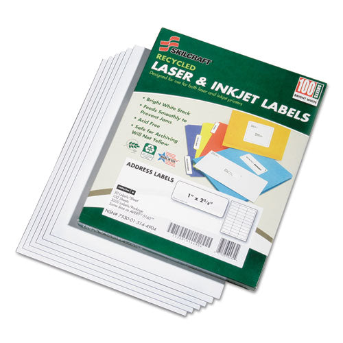 Image of 7530015144904, SKILCRAFT Recycled Laser and Inkjet Labels, Inkjet/Laser Printers, 1 x 2.63, White, 30/Sheet, 100 Sheets/Box