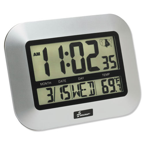 Image of 6645016611877 SKILCRAFT LCD Digital Radio-Controlled Clock, 7.25" x 9.75", Silver Case, 2 AAA (sold separately)