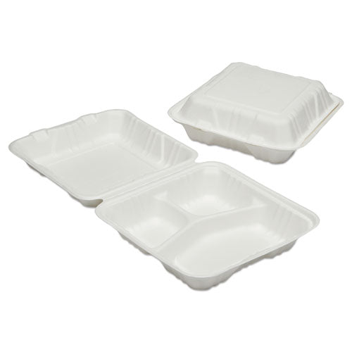 Image of 7350016646909, SKILCRAFT Clamshell Hinged Lid ToGo Food Containers, 3 Compartment, 9 x 9 x 3, White, Paper, 200/Box