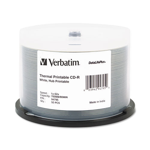 Image of Verbatim® Cd-R Datalifeplus Printable Recordable Disc, 700 Mb/80 Min, 52x, Spindle, White, 50/pack
