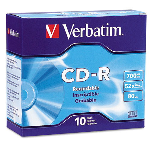 Image of Verbatim® Cd-R Recordable Disc, 700 Mb/80 Min, 52x, Slim Jewel Case, Silver, 10/pack