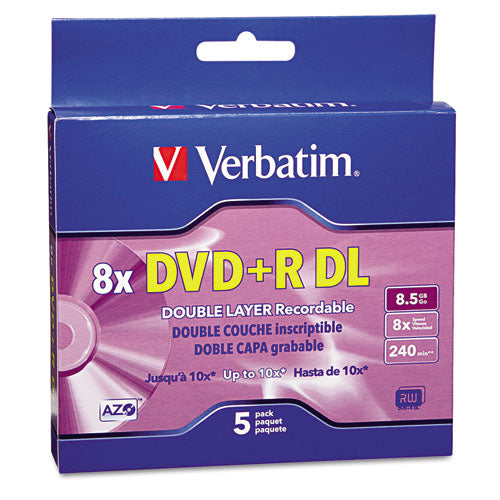Image of Verbatim® Dvd+r Dual-Layer Recordable Disc, 8.5 Gb, 8x, Jewel Case, Silver, 5/pack