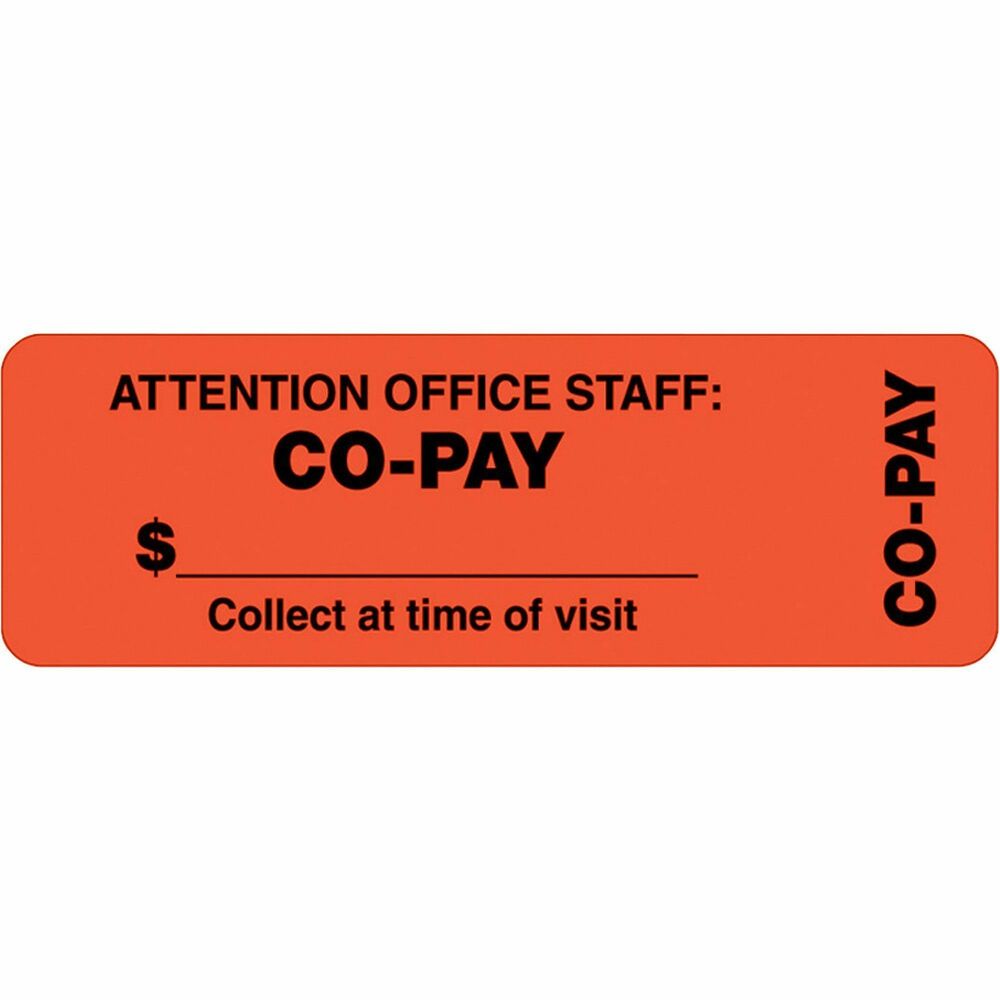 Image of Tabbies "Co-Pay" Labels, 3"x1", 500/RL, FL Red-orange