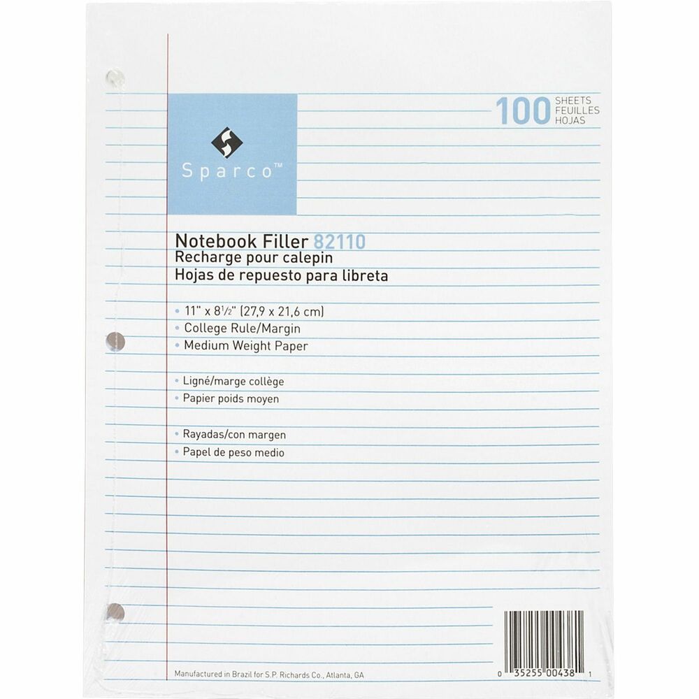 Image of Sparco Filler Paper,3-HP,College Ruled,11"x8-1/2",100/PK,White