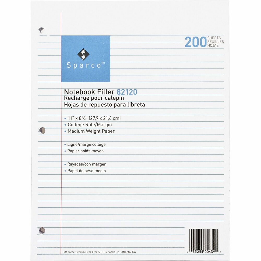 Image of Sparco Filler Paper,3-HP,College Ruled,11"x8-1/2",200/PK,White