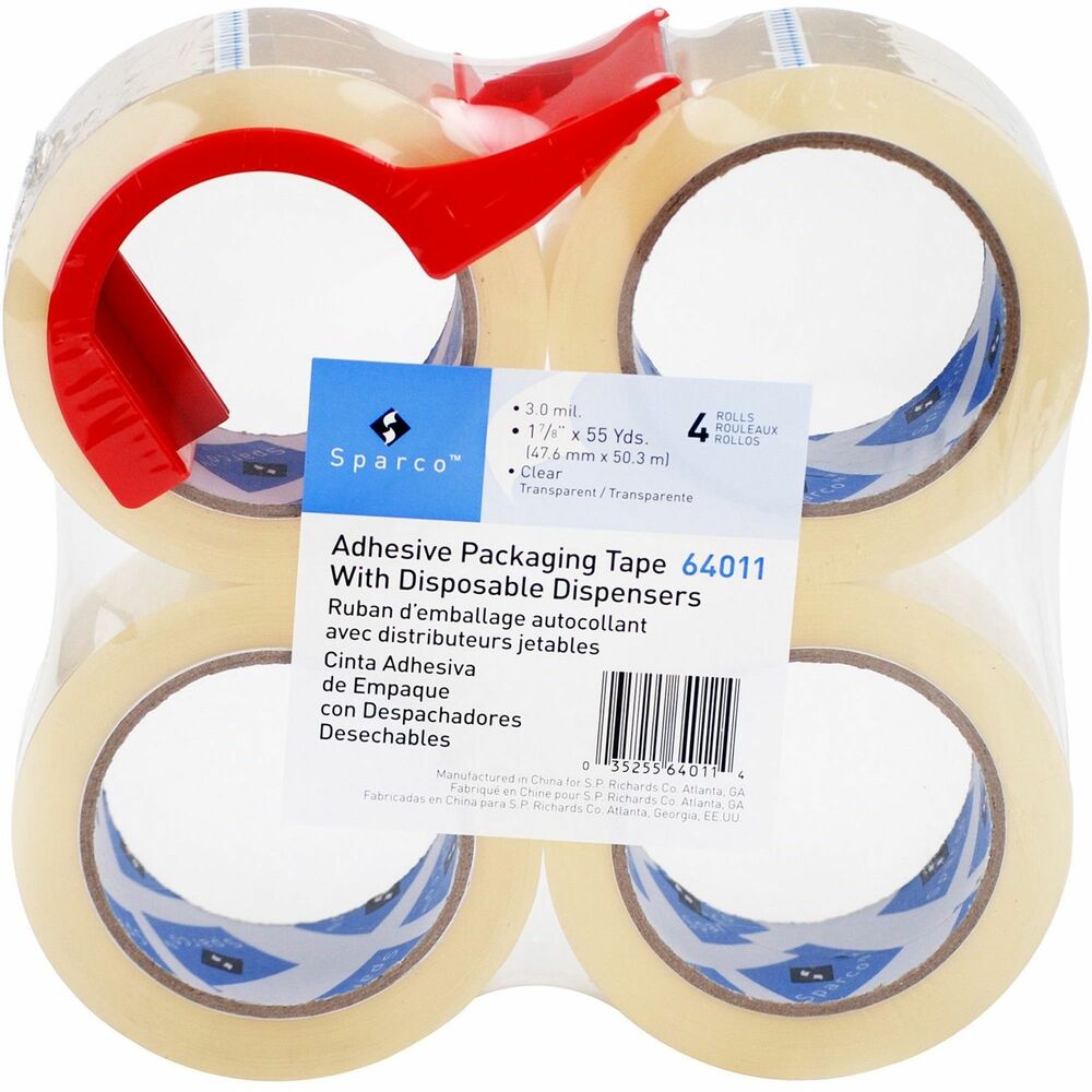 Image of Sparco Packaging Tape w/Dispenser,3" Core,3mil,2"x55 Yds,4 RL/PK,CL