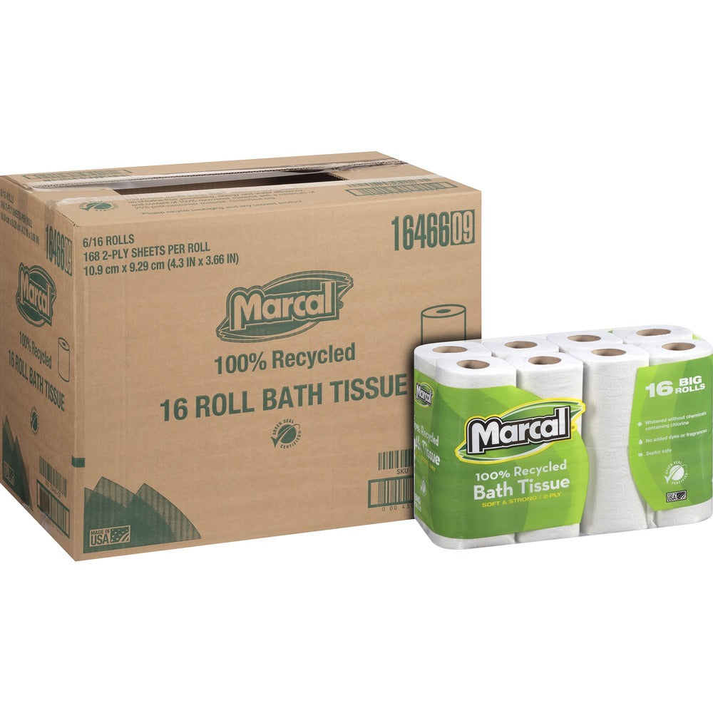 Image of Marcal Paper Mills, Inc Bathroom Tissue, 2-Ply, 168 Sheets/Roll, 96 Rolls/CT, White