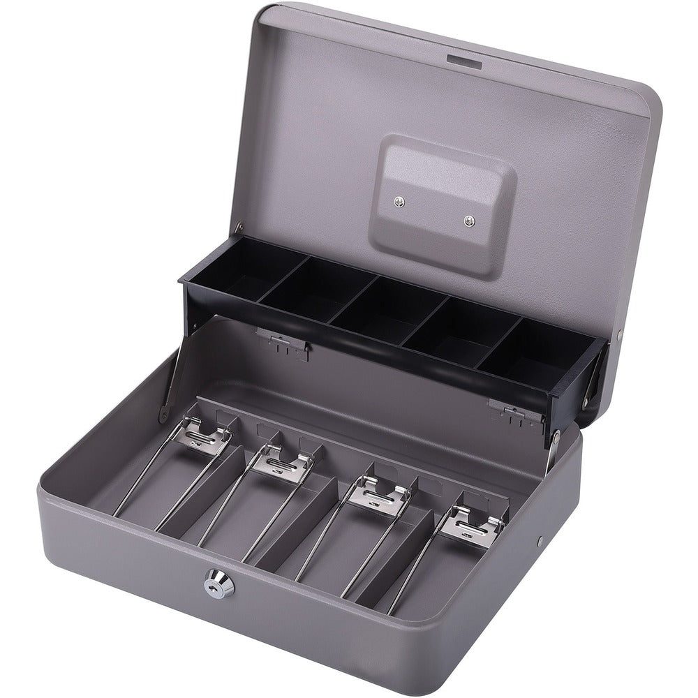Image of Sparco Cash Box, 5 Comptmts, Spring Clips,10-1/2"x7-3/8"x4-1/2", GY