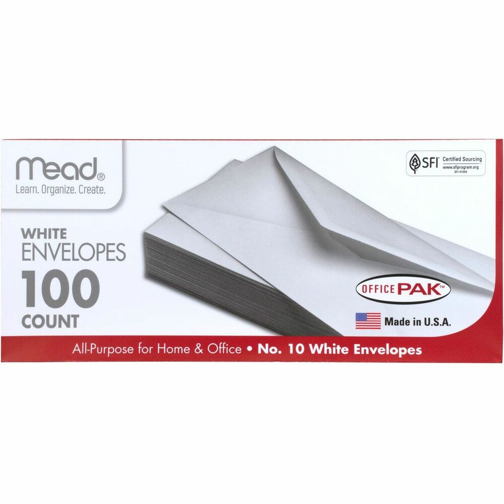 Image of Mead Plain Envelopes, Gummed, No 10, 100/BX, White