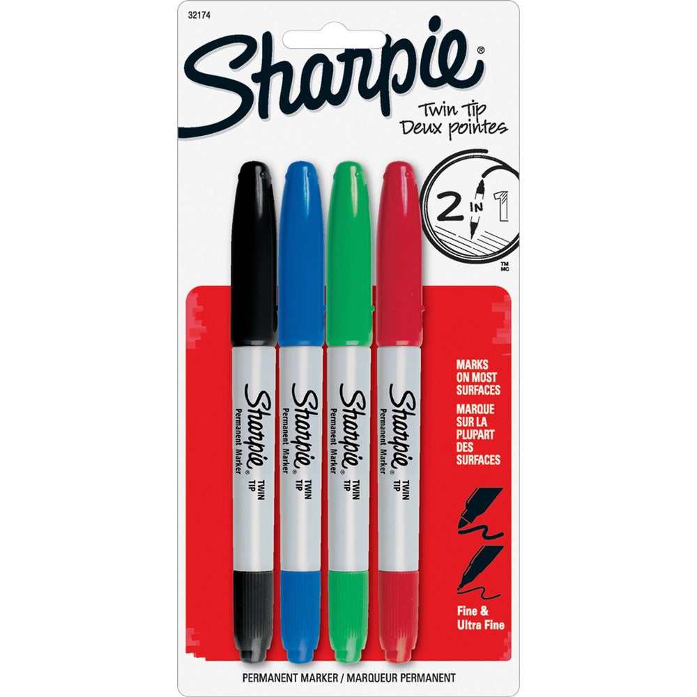 Image of Newell Brands Permanent Markers,Twin Tip, Fine/Ultra Fine Point,4/ST,AST