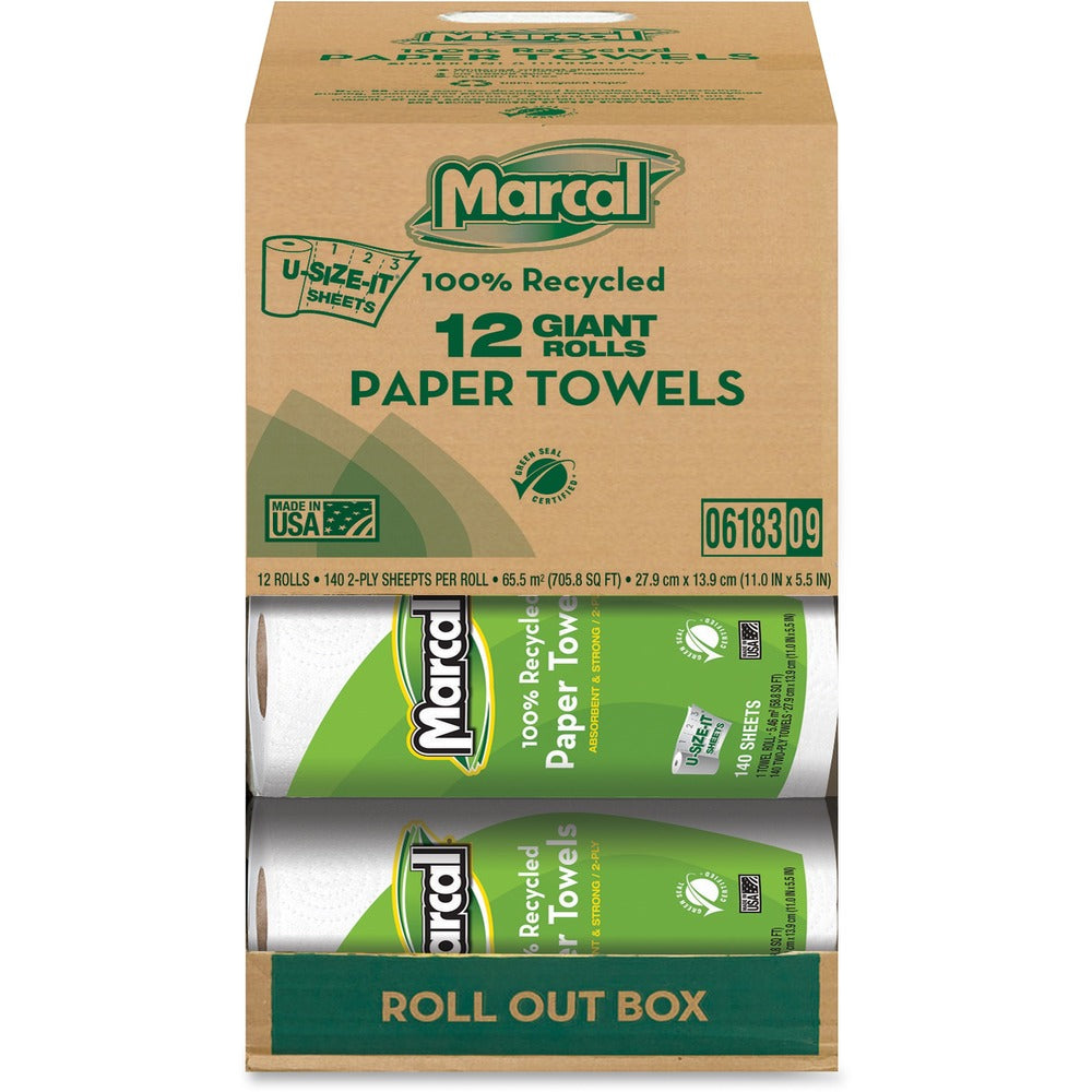 Image of Marcal Paper Mills, Inc Paper Towels, 2-Ply, 140 Sheets/Roll, 12 Roll/CT, White