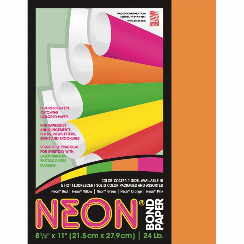 Image of Pacon Bond Paper, 24 lb., 8-1/2"x11", 100Sht/PK, Neon Orange