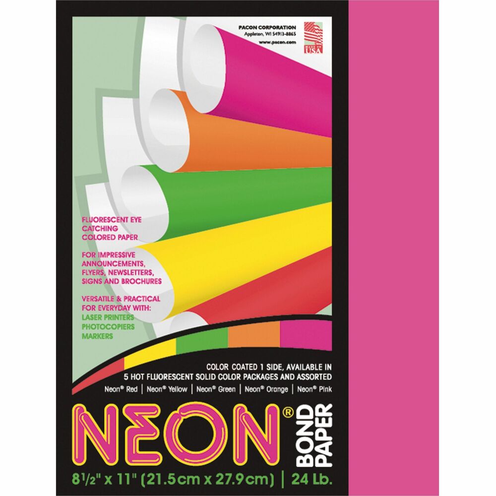 Image of Pacon Bond Paper, 24 lb., 8-1/2"x11", 100Sht/PK, Neon Pink