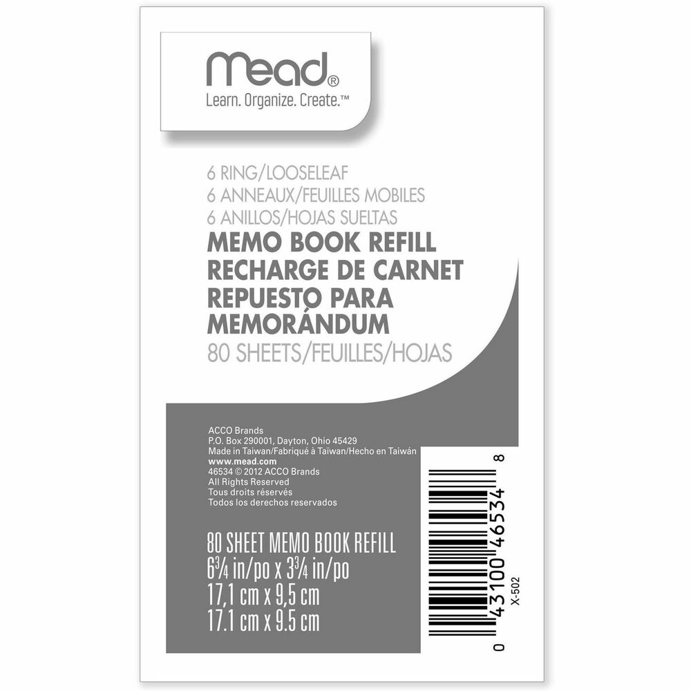 Image of Mead Memo Book Refill,Narrow Ruled,6HP,6-3/4"x3-3/4",80 Sh,White