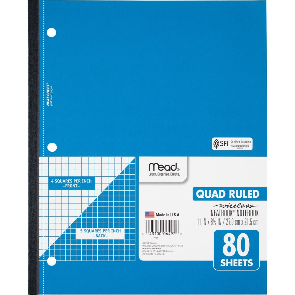 Image of Mead Wireless Notebook,1-Sub,Quad Rule,11"x8-1/2",80 Shts,WE