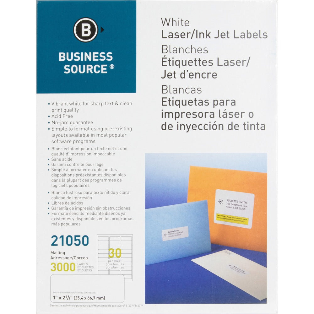Image of Business Source Mailing Labels, Laser/Inkjet, 1"x2-5/8", 3000/PK, White