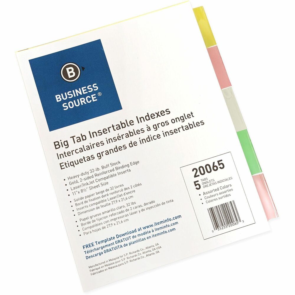 Image of Business Source Insertable Tab Indexes,11"x8-1/2",5/ST,Buff Paper/Multi