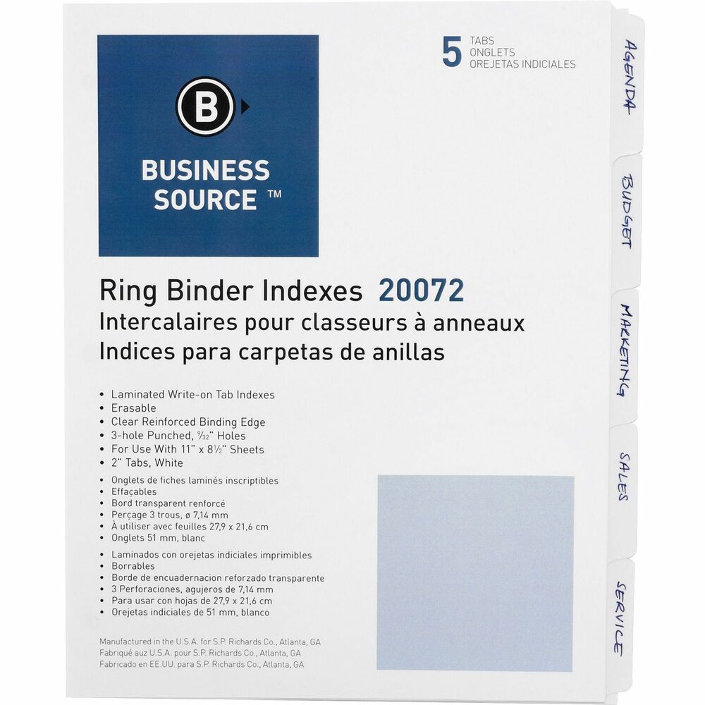 Image of Business Source Erasable Tab Indexes, 3HP, 11"x8-1/2", 5/ST, White