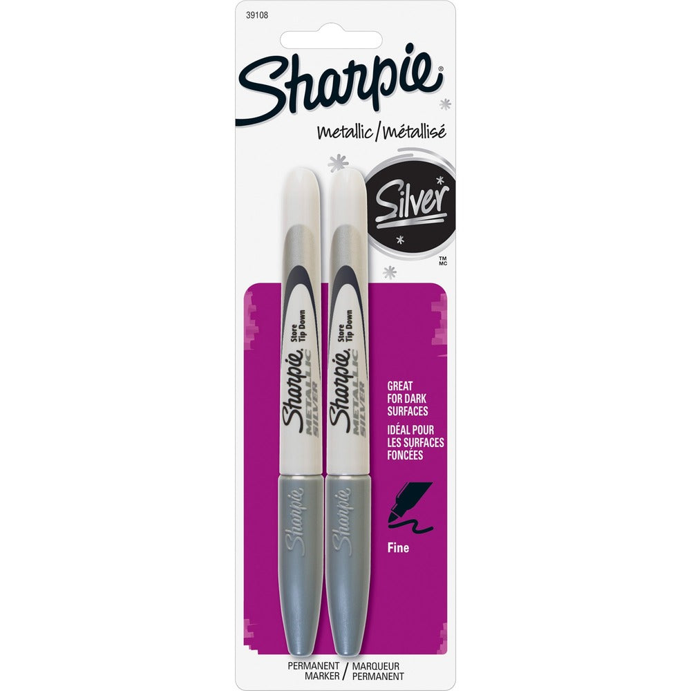 Image of Newell Brands Sharpie, Permanent, Fine Point, 2/PK, Metallic Silver