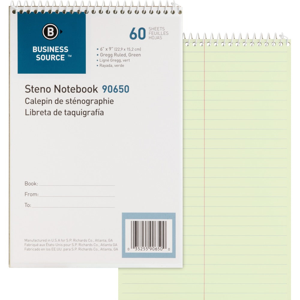 Image of Business Source Steno Notebook, Gregg Ruled, 60 Sheets, 6"x9", Green