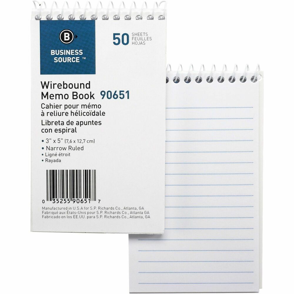 Image of Business Source Wirebound Memo Book,End Opening,Wire,3"x5",50Shts,White
